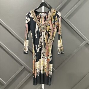 Label Ritu Kumar Women Size 3 Medium Black Paisley Floral Print Midi Dress
